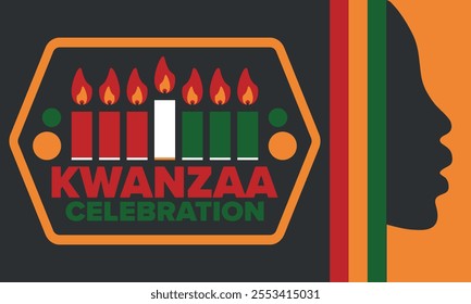 Kwanzaa Happy Celebration. African and African-American culture holiday. Seven days festival, celebrate annual from December 26 to January 1. Black history. Poster, card, banner and background. Vector