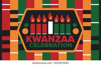 Kwanzaa Happy Celebration. African and African-American culture holiday. Seven days festival, celebrate annual from December 26 to January 1. Black history. Poster, card, banner and background. Vector