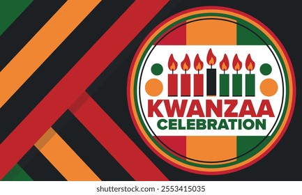 Kwanzaa Happy Celebration. African and African-American culture holiday. Seven days festival, celebrate annual from December 26 to January 1. Black history. Poster, card, banner and background. Vector