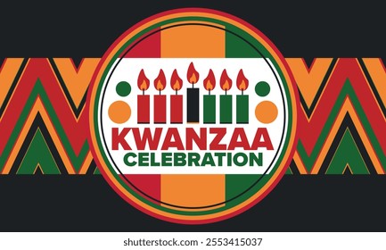 Kwanzaa Happy Celebration. African and African-American culture holiday. Seven days festival, celebrate annual from December 26 to January 1. Black history. Poster, card, banner and background. Vector