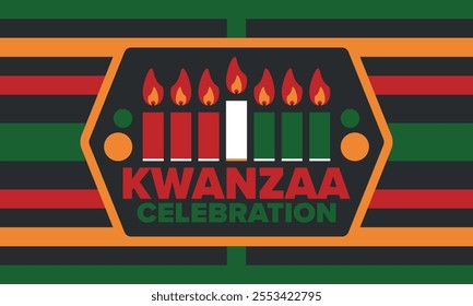 Kwanzaa Happy Celebration. African and African-American culture holiday. Seven days festival, celebrate annual from December 26 to January 1. Black history. Poster, card, banner and background. Vector