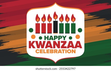 Kwanzaa Happy Celebration. African and African-American culture holiday. Seven days festival, celebrate annual from December 26 to January 1. Black history. Poster, card, banner and background. Vector