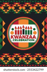 Kwanzaa Happy Celebration. African and African-American culture holiday. Seven days festival, celebrate annual from December 26 to January 1. Black history. Poster, card, banner and background. Vector