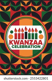 Kwanzaa Happy Celebration. African and African-American culture holiday. Seven days festival, celebrate annual from December 26 to January 1. Black history. Poster, card, banner and background. Vector