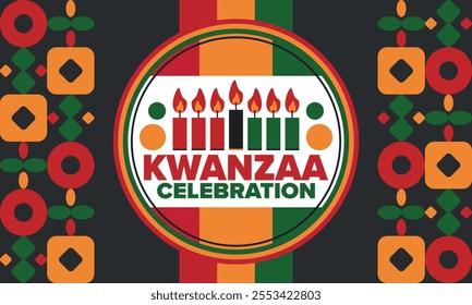 Kwanzaa Happy Celebration. African and African-American culture holiday. Seven days festival, celebrate annual from December 26 to January 1. Black history. Poster, card, banner and background. Vector