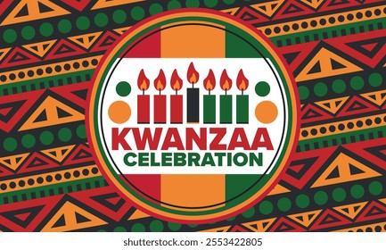 Kwanzaa Happy Celebration. African and African-American culture holiday. Seven days festival, celebrate annual from December 26 to January 1. Black history. Poster, card, banner and background. Vector