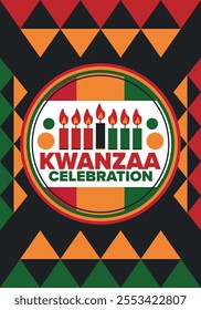 Kwanzaa Happy Celebration. African and African-American culture holiday. Seven days festival, celebrate annual from December 26 to January 1. Black history. Poster, card, banner and background. Vector