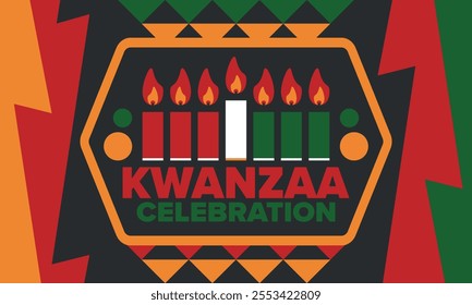 Kwanzaa Happy Celebration. African and African-American culture holiday. Seven days festival, celebrate annual from December 26 to January 1. Black history. Poster, card, banner and background. Vector