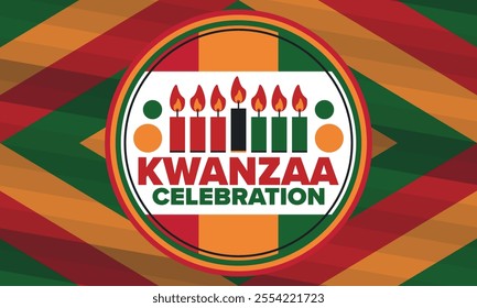 Kwanzaa Happy Celebration. African and African-American culture holiday. Seven days festival, celebrate annual from December 26 to January 1. Black history. Poster, card, banner and background. Vector