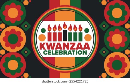 Kwanzaa Happy Celebration. African and African-American culture holiday. Seven days festival, celebrate annual from December 26 to January 1. Black history. Poster, card, banner and background. Vector