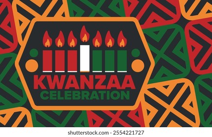 Kwanzaa Happy Celebration. African and African-American culture holiday. Seven days festival, celebrate annual from December 26 to January 1. Black history. Poster, card, banner and background. Vector