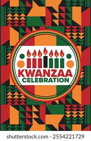 Kwanzaa Happy Celebration. African and African-American culture holiday. Seven days festival, celebrate annual from December 26 to January 1. Black history. Poster, card, banner and background. Vector