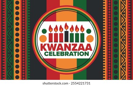 Kwanzaa Happy Celebration. African and African-American culture holiday. Seven days festival, celebrate annual from December 26 to January 1. Black history. Poster, card, banner and background. Vector