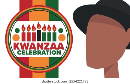 Kwanzaa Happy Celebration. African and African-American culture holiday. Seven days festival, celebrate annual from December 26 to January 1. Black history. Poster, card, banner and background. Vector