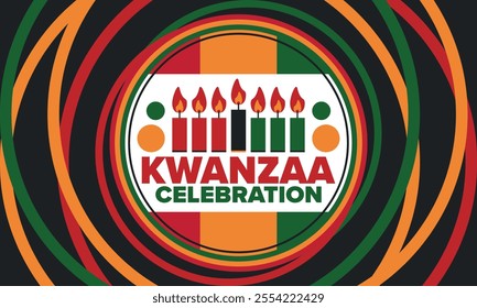 Kwanzaa Happy Celebration. African and African-American culture holiday. Seven days festival, celebrate annual from December 26 to January 1. Black history. Poster, card, banner and background. Vector