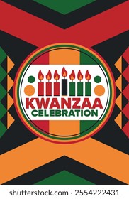 Kwanzaa Happy Celebration. African and African-American culture holiday. Seven days festival, celebrate annual from December 26 to January 1. Black history. Poster, card, banner and background. Vector