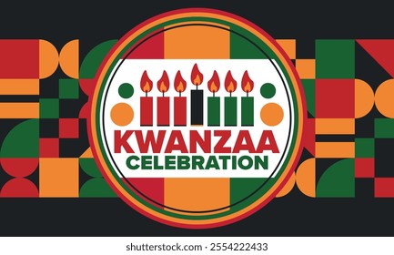 Kwanzaa Happy Celebration. African and African-American culture holiday. Seven days festival, celebrate annual from December 26 to January 1. Black history. Poster, card, banner and background. Vector