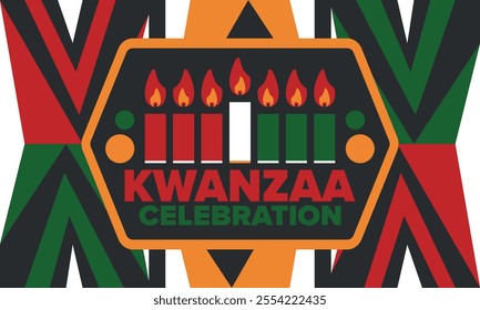 Kwanzaa Happy Celebration. African and African-American culture holiday. Seven days festival, celebrate annual from December 26 to January 1. Black history. Poster, card, banner and background. Vector