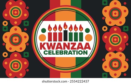 Kwanzaa Happy Celebration. African and African-American culture holiday. Seven days festival, celebrate annual from December 26 to January 1. Black history. Poster, card, banner and background. Vector