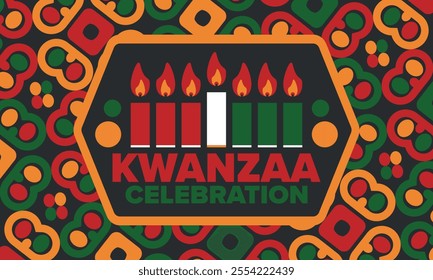 Kwanzaa Happy Celebration. African and African-American culture holiday. Seven days festival, celebrate annual from December 26 to January 1. Black history. Poster, card, banner and background. Vector