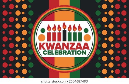 Kwanzaa Happy Celebration. African and African-American culture holiday. Seven days festival, celebrate annual from December 26 to January 1. Black history. Poster, card, banner and background. Vector