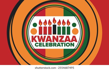 Kwanzaa Happy Celebration. African and African-American culture holiday. Seven days festival, celebrate annual from December 26 to January 1. Black history. Poster, card, banner and background. Vector