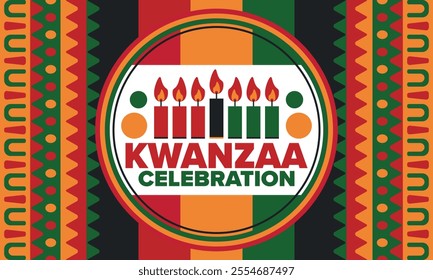 Kwanzaa Happy Celebration. African and African-American culture holiday. Seven days festival, celebrate annual from December 26 to January 1. Black history. Poster, card, banner and background. Vector