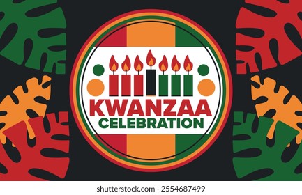 Kwanzaa Happy Celebration. African and African-American culture holiday. Seven days festival, celebrate annual from December 26 to January 1. Black history. Poster, card, banner and background. Vector