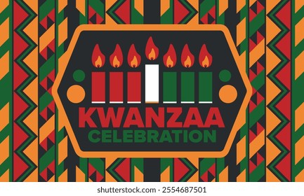 Kwanzaa Happy Celebration. African and African-American culture holiday. Seven days festival, celebrate annual from December 26 to January 1. Black history. Poster, card, banner and background. Vector