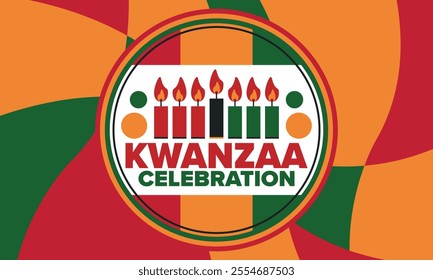 Kwanzaa Happy Celebration. African and African-American culture holiday. Seven days festival, celebrate annual from December 26 to January 1. Black history. Poster, card, banner and background. Vector