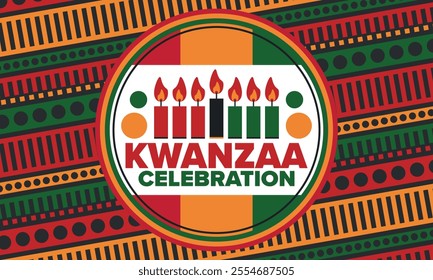 Kwanzaa Happy Celebration. African and African-American culture holiday. Seven days festival, celebrate annual from December 26 to January 1. Black history. Poster, card, banner and background. Vector