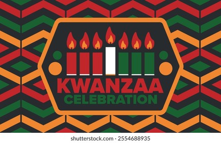 Kwanzaa Happy Celebration. African and African-American culture holiday. Seven days festival, celebrate annual from December 26 to January 1. Black history. Poster, card, banner and background. Vector