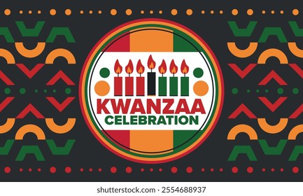 Kwanzaa Happy Celebration. African and African-American culture holiday. Seven days festival, celebrate annual from December 26 to January 1. Black history. Poster, card, banner and background. Vector