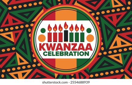 Kwanzaa Happy Celebration. African and African-American culture holiday. Seven days festival, celebrate annual from December 26 to January 1. Black history. Poster, card, banner and background. Vector