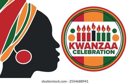 Kwanzaa Happy Celebration. African and African-American culture holiday. Seven days festival, celebrate annual from December 26 to January 1. Black history. Poster, card, banner and background. Vector