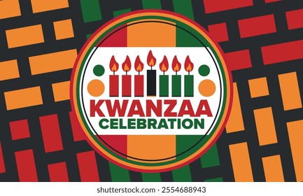 Kwanzaa Happy Celebration. African and African-American culture holiday. Seven days festival, celebrate annual from December 26 to January 1. Black history. Poster, card, banner and background. Vector