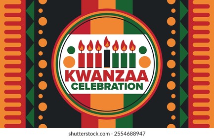 Kwanzaa Happy Celebration. African and African-American culture holiday. Seven days festival, celebrate annual from December 26 to January 1. Black history. Poster, card, banner and background. Vector