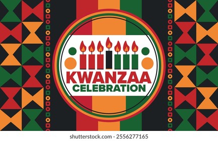 Kwanzaa Happy Celebration. African and African-American culture holiday. Seven days festival, celebrate annual from December 26 to January 1. Black history. Poster, card, banner and background. Vector