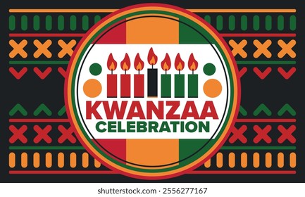 Kwanzaa Happy Celebration. African and African-American culture holiday. Seven days festival, celebrate annual from December 26 to January 1. Black history. Poster, card, banner and background. Vector