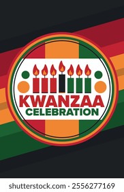 Kwanzaa Happy Celebration. African and African-American culture holiday. Seven days festival, celebrate annual from December 26 to January 1. Black history. Poster, card, banner and background. Vector