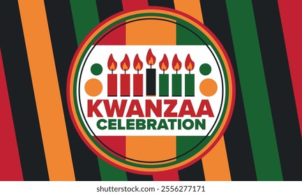 Kwanzaa Happy Celebration. African and African-American culture holiday. Seven days festival, celebrate annual from December 26 to January 1. Black history. Poster, card, banner and background. Vector