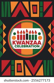 Kwanzaa Happy Celebration. African and African-American culture holiday. Seven days festival, celebrate annual from December 26 to January 1. Black history. Poster, card, banner and background. Vector