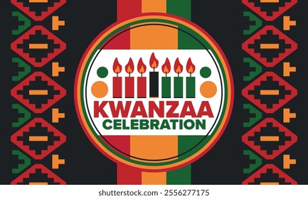 Kwanzaa Happy Celebration. African and African-American culture holiday. Seven days festival, celebrate annual from December 26 to January 1. Black history. Poster, card, banner and background. Vector