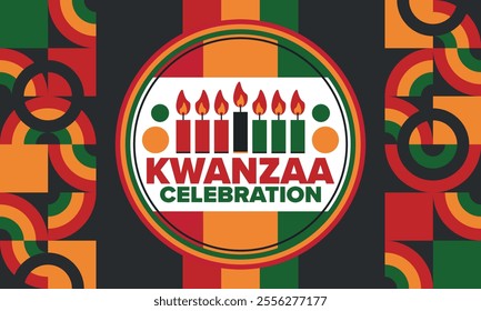 Kwanzaa Happy Celebration. African and African-American culture holiday. Seven days festival, celebrate annual from December 26 to January 1. Black history. Poster, card, banner and background. Vector