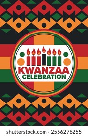 Kwanzaa Happy Celebration. African and African-American culture holiday. Seven days festival, celebrate annual from December 26 to January 1. Black history. Poster, card, banner and background. Vector