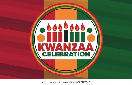 Kwanzaa Happy Celebration. African and African-American culture holiday. Seven days festival, celebrate annual from December 26 to January 1. Black history. Poster, card, banner and background. Vector