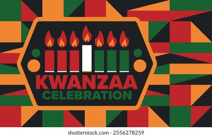 Kwanzaa Happy Celebration. African and African-American culture holiday. Seven days festival, celebrate annual from December 26 to January 1. Black history. Poster, card, banner and background. Vector