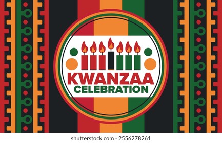 Kwanzaa Happy Celebration. African and African-American culture holiday. Seven days festival, celebrate annual from December 26 to January 1. Black history. Poster, card, banner and background. Vector