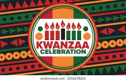 Kwanzaa Happy Celebration. African and African-American culture holiday. Seven days festival, celebrate annual from December 26 to January 1. Black history. Poster, card, banner and background. Vector