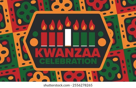 Kwanzaa Happy Celebration. African and African-American culture holiday. Seven days festival, celebrate annual from December 26 to January 1. Black history. Poster, card, banner and background. Vector